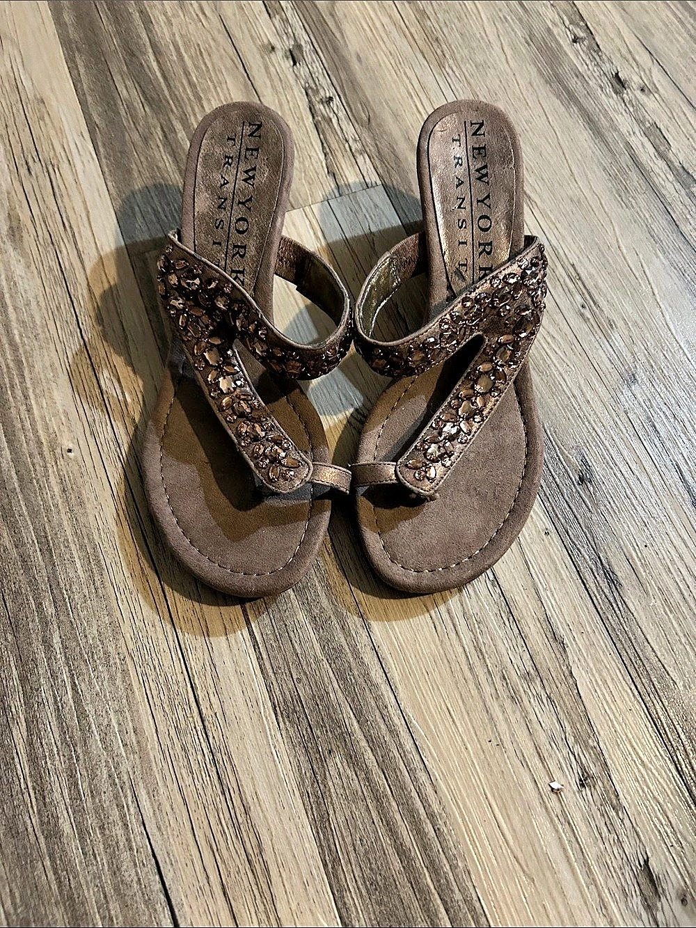 New York Transit Embellished Wedge Sandals in Brown